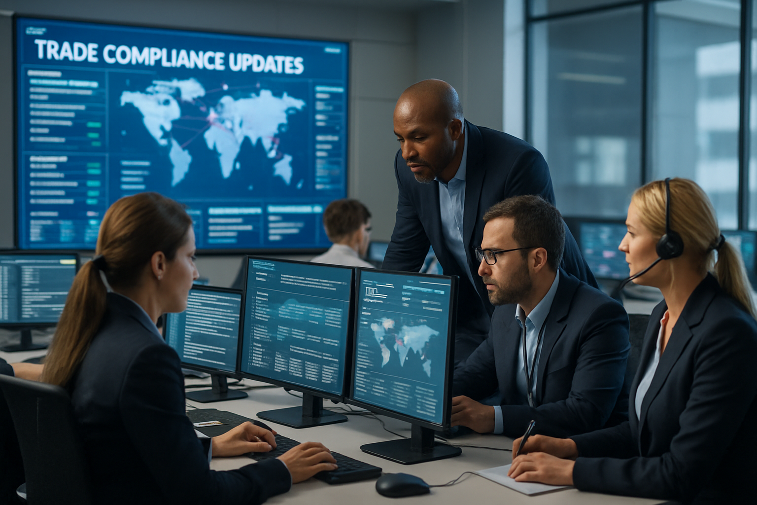 supply chain team monitoring trade compliance updates in a logistics control room