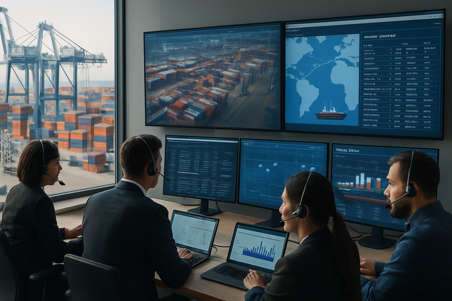 Logistics operations team monitoring container shipment visibility during transshipment at a port terminal