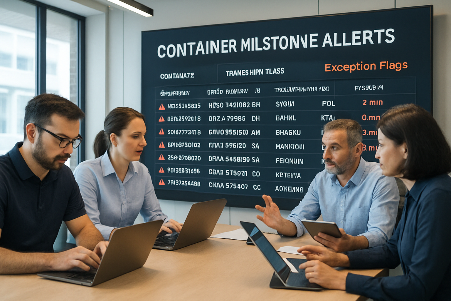 Freight operations team reviewing exception alerts and milestone tracking for containers at transshipment port