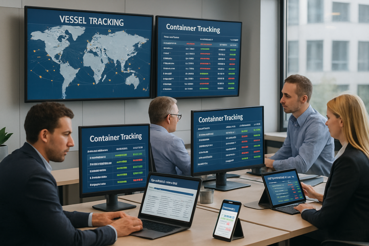 Logistics team monitoring vessel and container tracking data in operations center