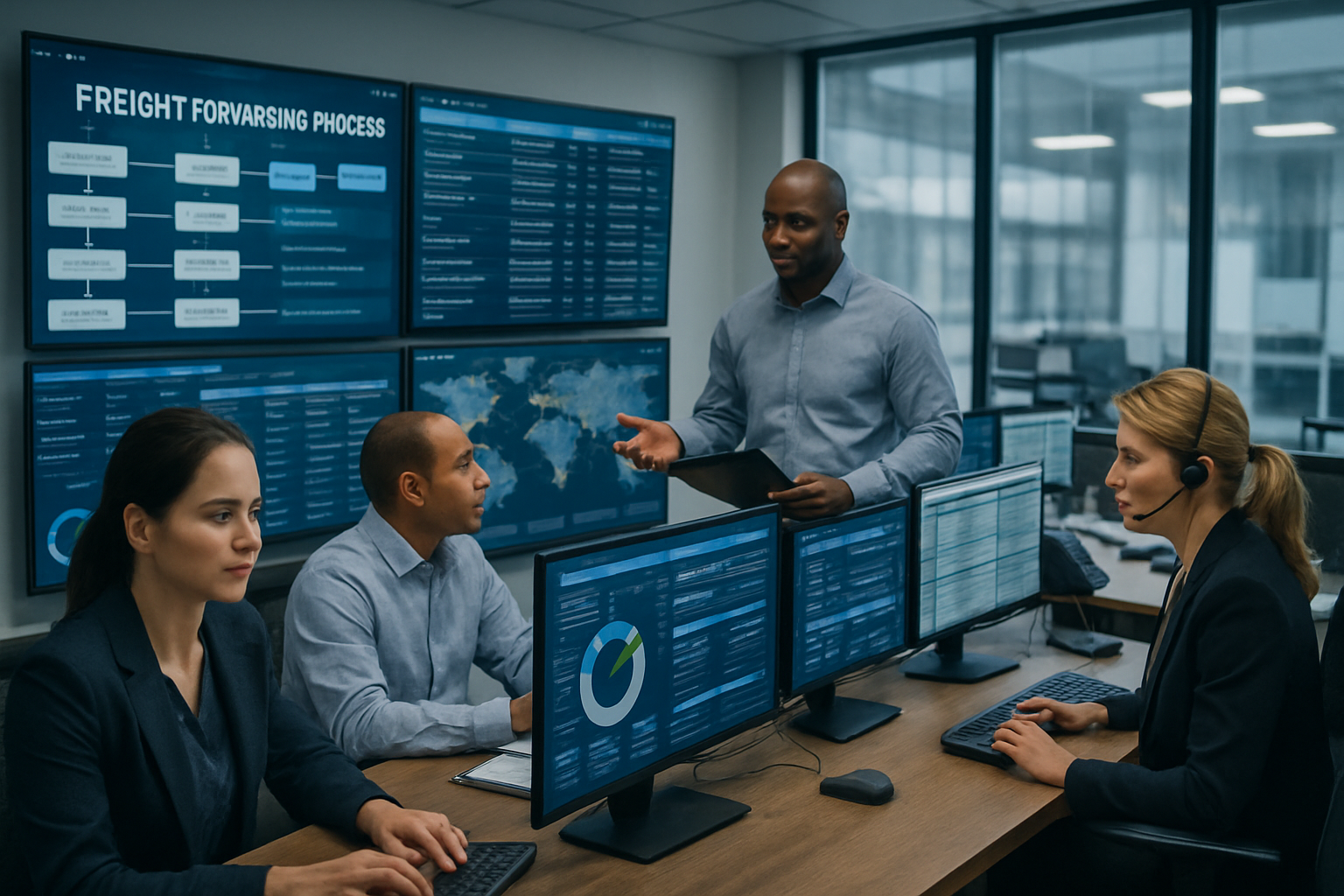 logistics operations team reviewing freight workflow steps at control center