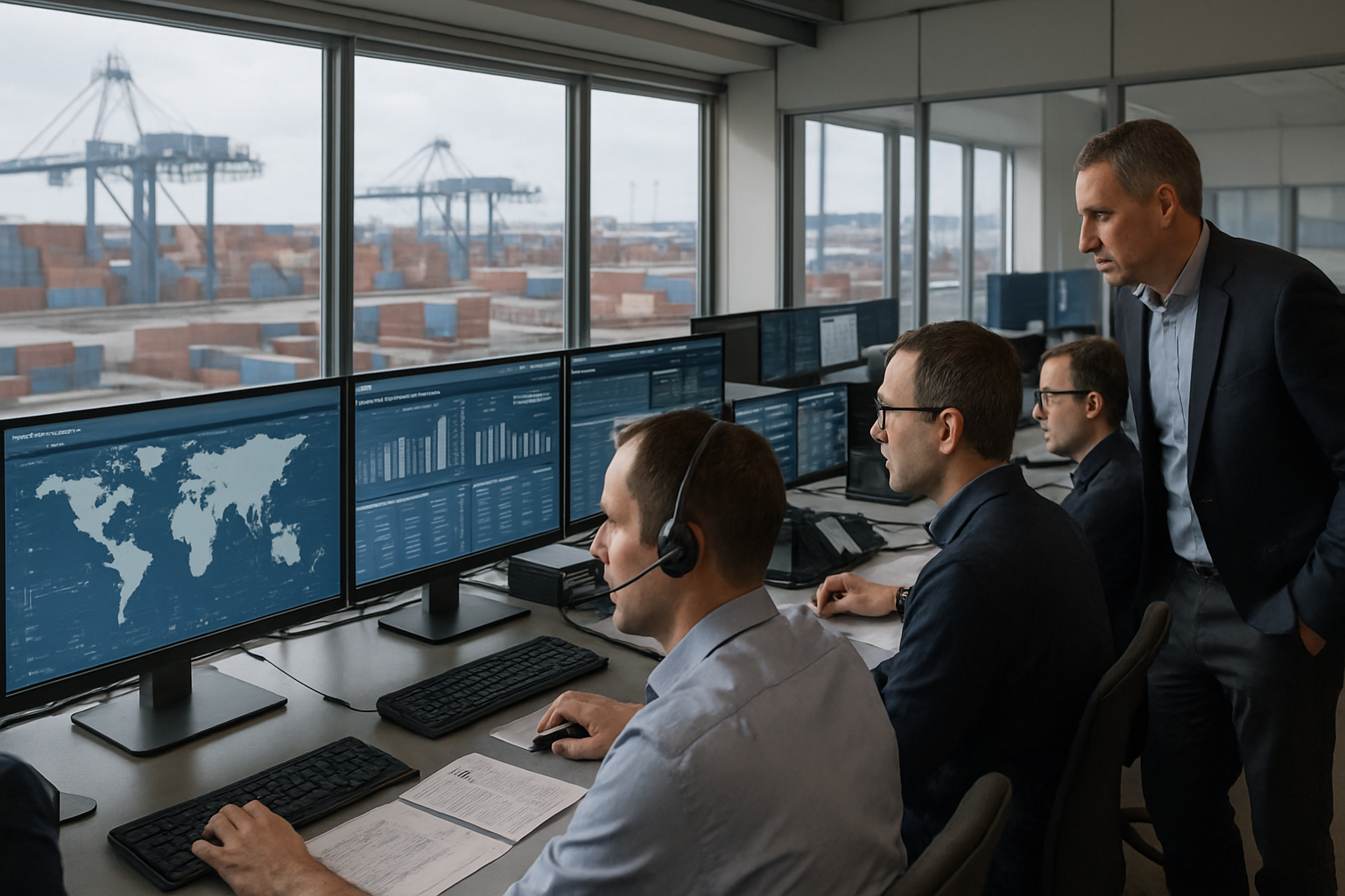 logistics operations team monitoring real-time container tracking data in an office environment