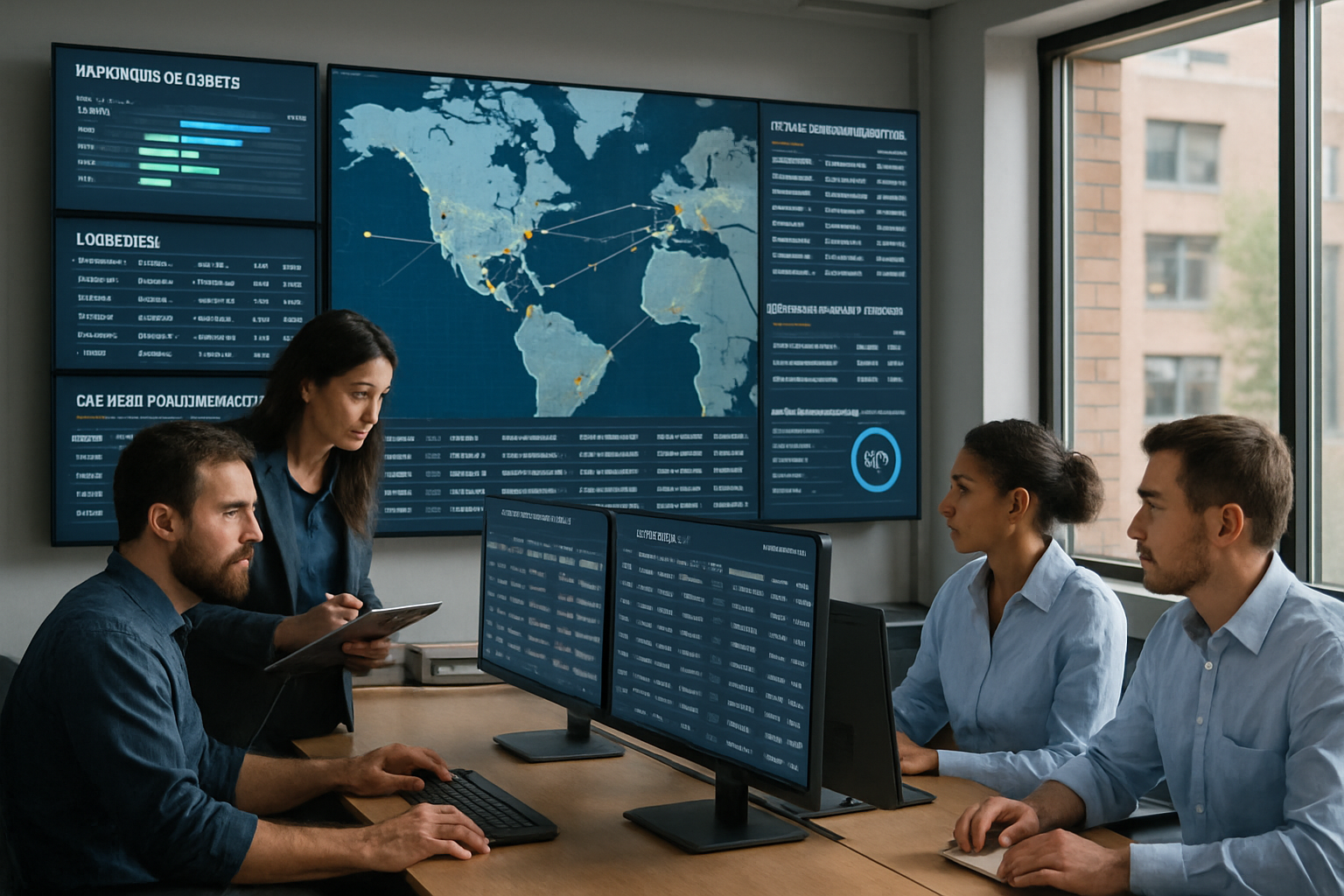 logistics team reviewing real-time shipment data in a modern operations center
