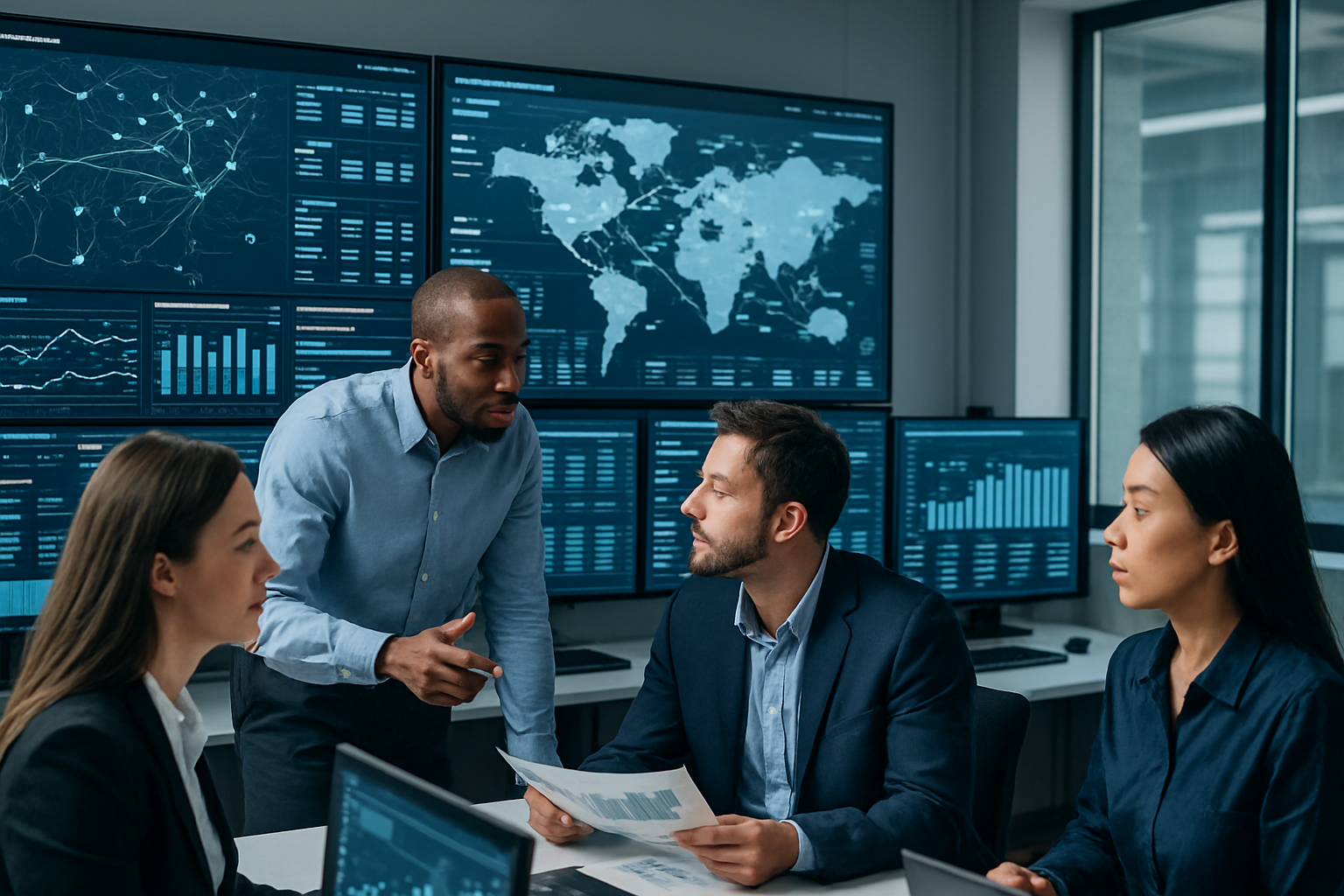 logistics team analyzing shipment data on digital screens in modern control room