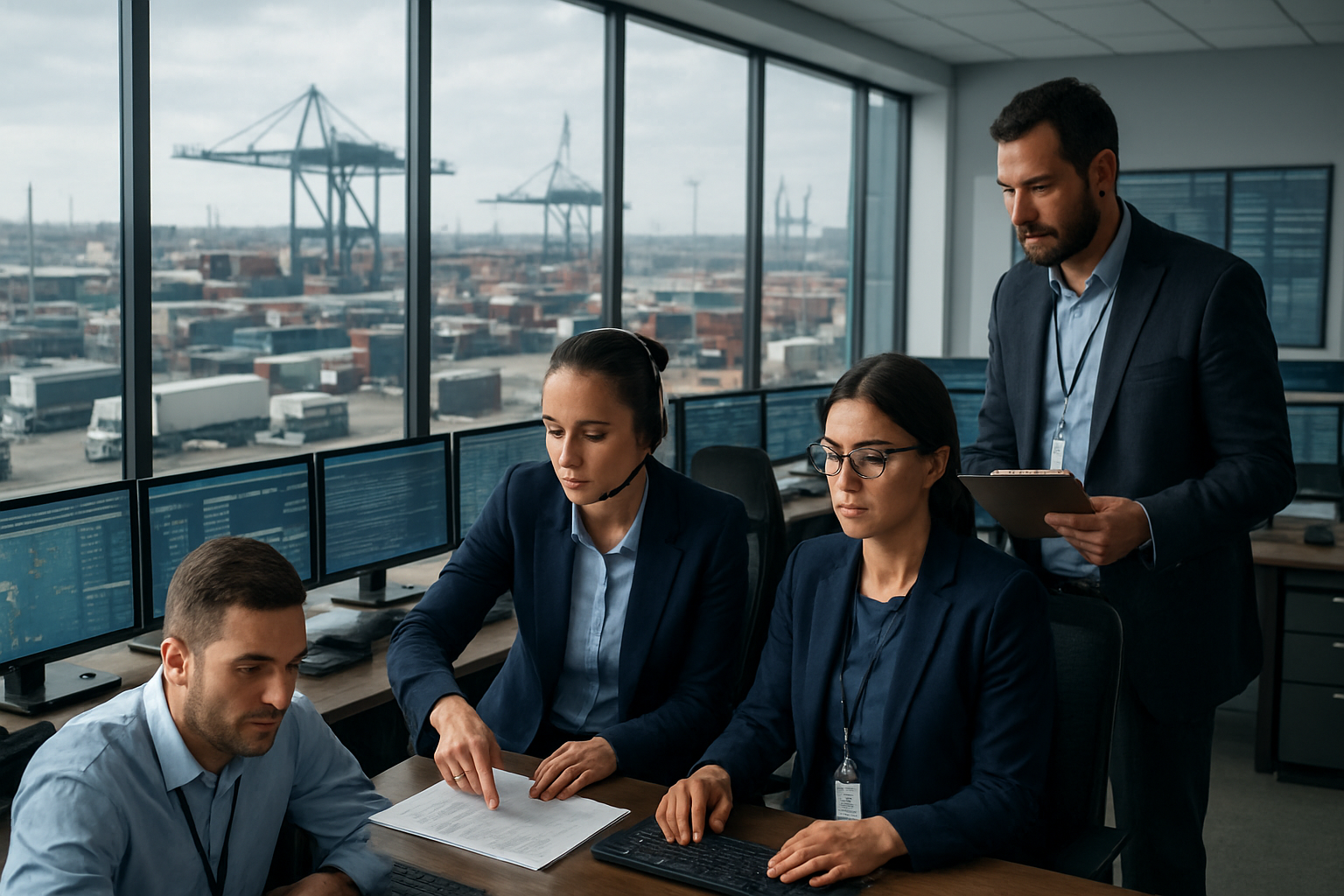 logistics team collaborating in a modern operations center with multiple screens and shipment data visible