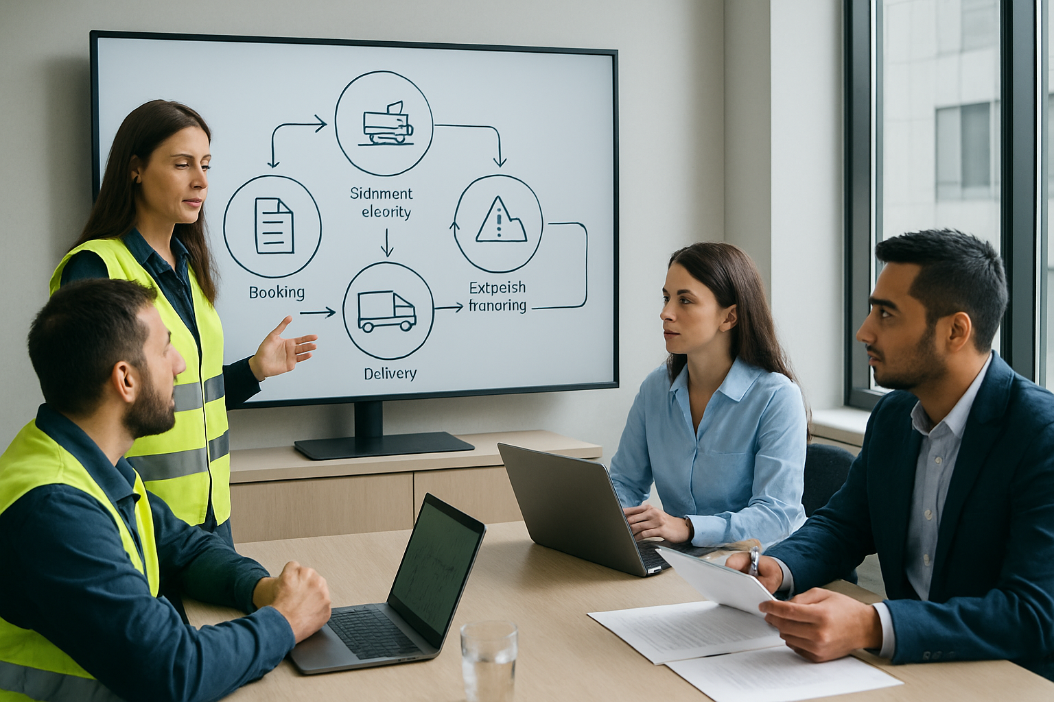workflow diagram displayed through team interaction showing booking, documentation, visibility, exception handling, and delivery control