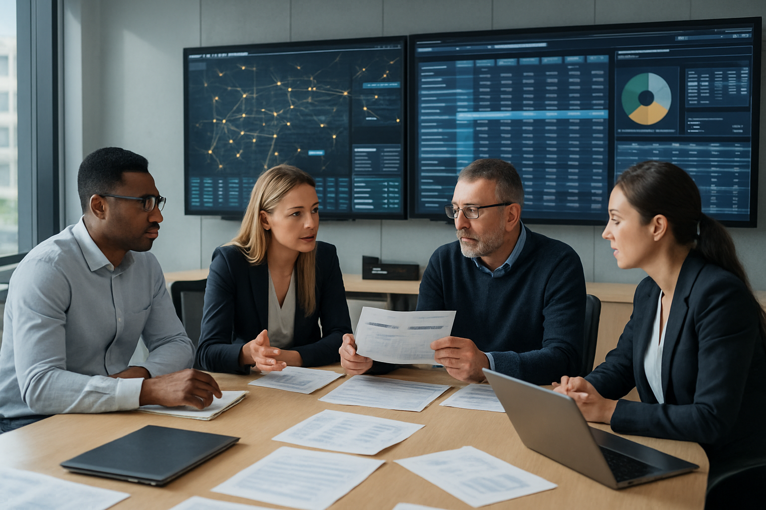 logistics operations team analyzing freight costs in an office environment
