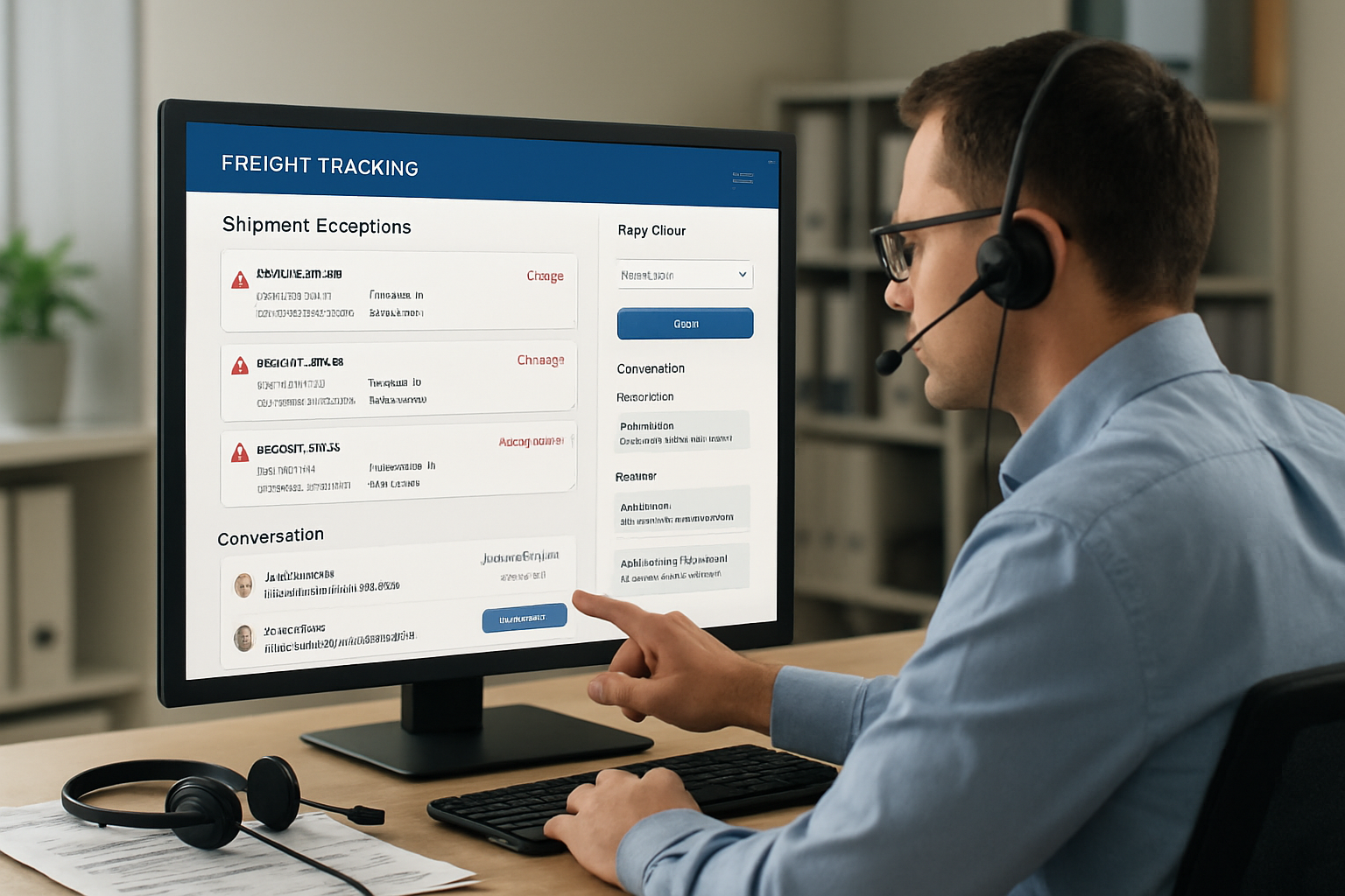 Freight forwarder assigning shipment exception ownership using a tracking dashboard with alerts and communication workflow
