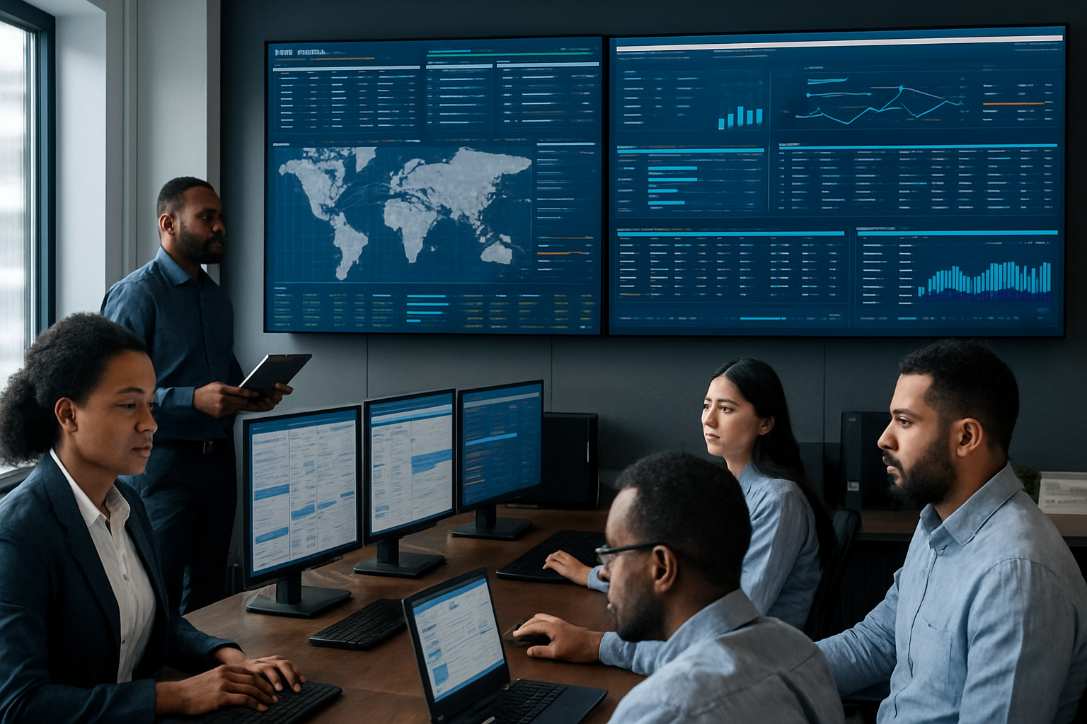logistics team reviewing automated freight status reports on screens in a control room
