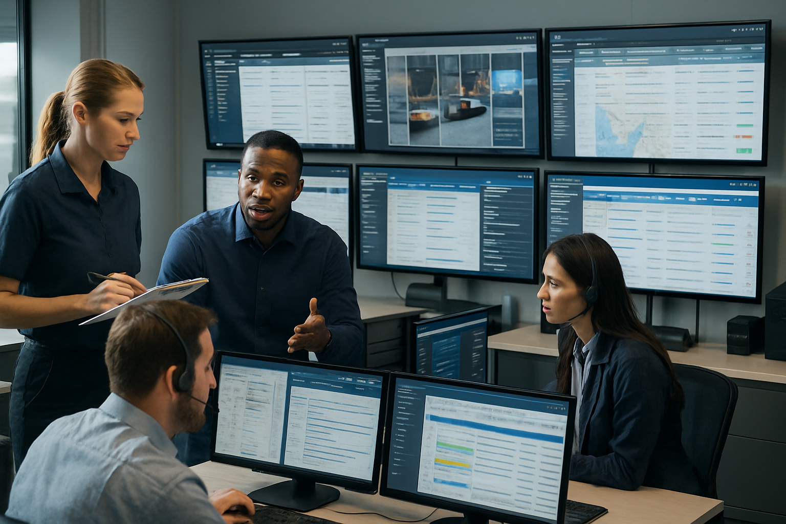 Freight operations team coordinating across multiple digital portals and messaging apps