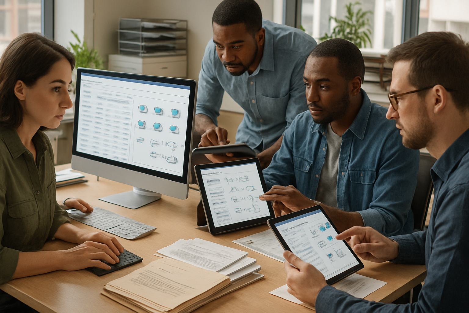 Structured freight operations workflow with team managing tracking, documentation, and vendor communication