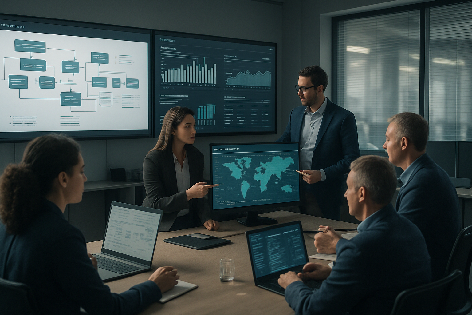 Logistics team analyzing process optimization workflows in a modern operations room