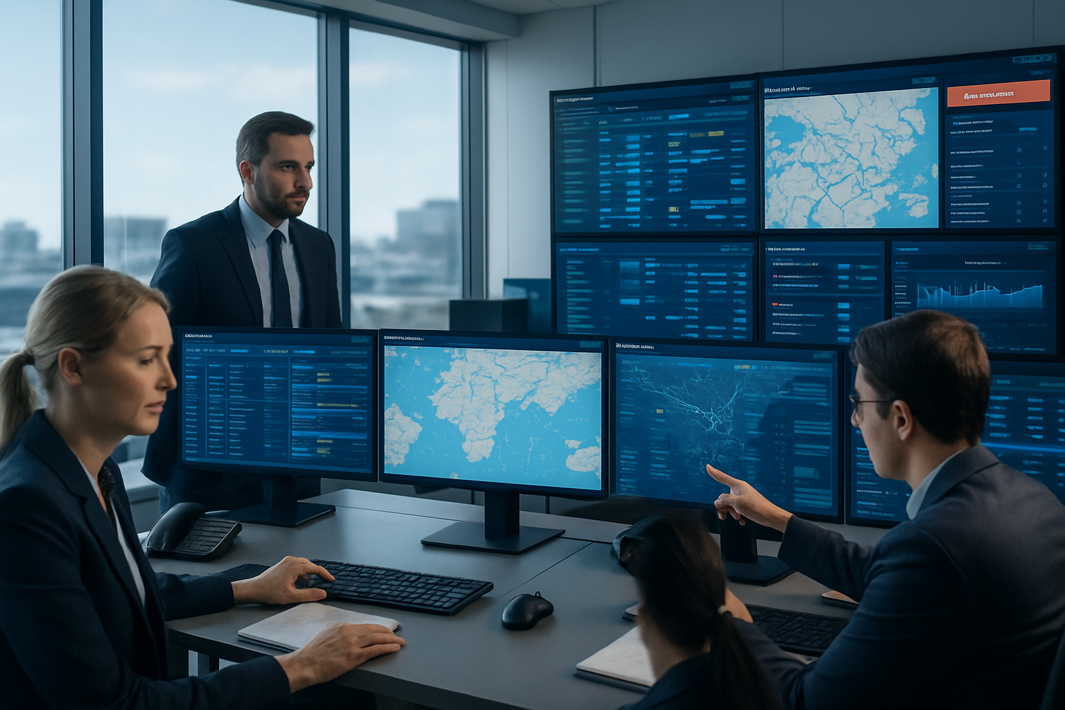 logistics team reviewing shipment data on multiple screens in operations control room