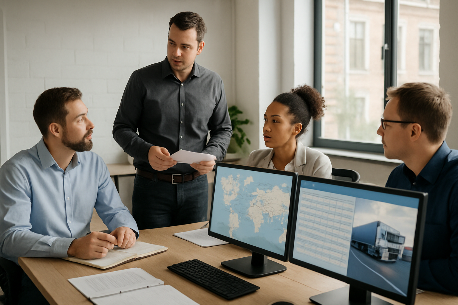 logistics team collaborating in modern office to resolve shipment coordination issues