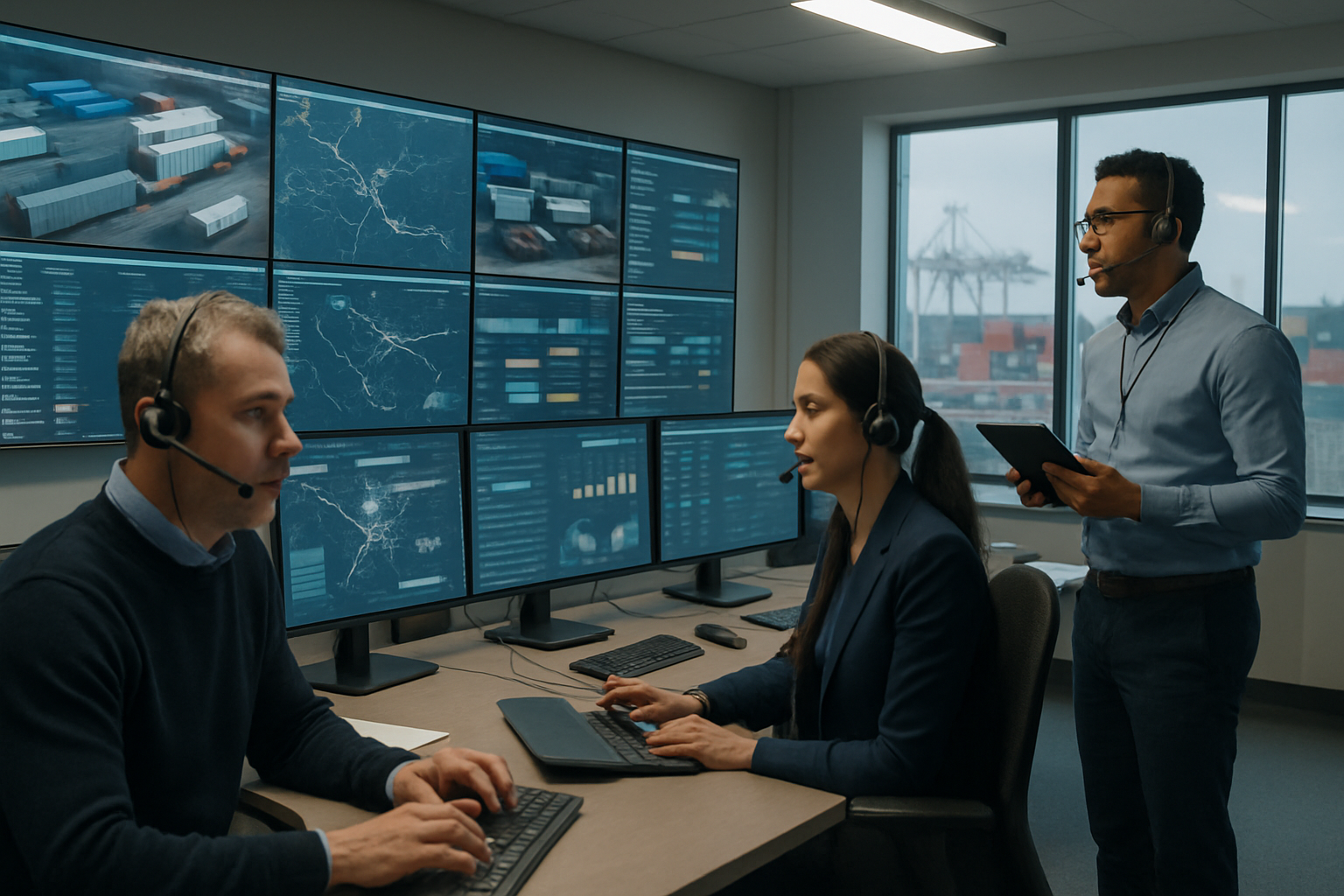 logistics team monitoring real-time freight tracking dashboards in a control room