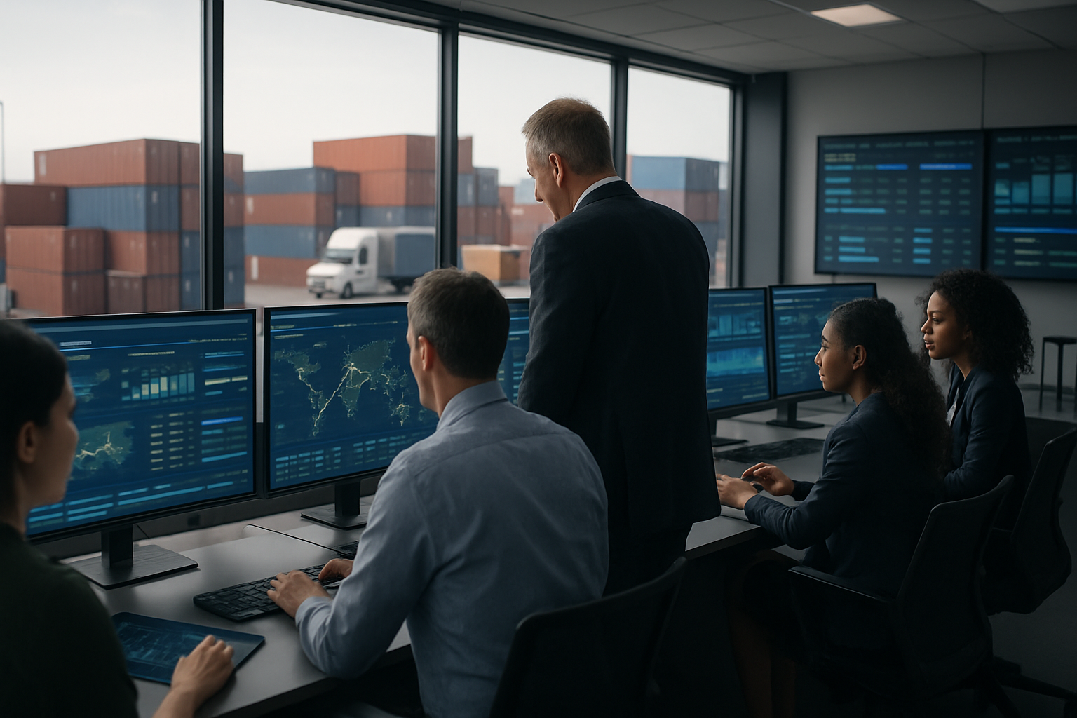 logistics team monitoring shipment tracking and data on multiple screens in operations center