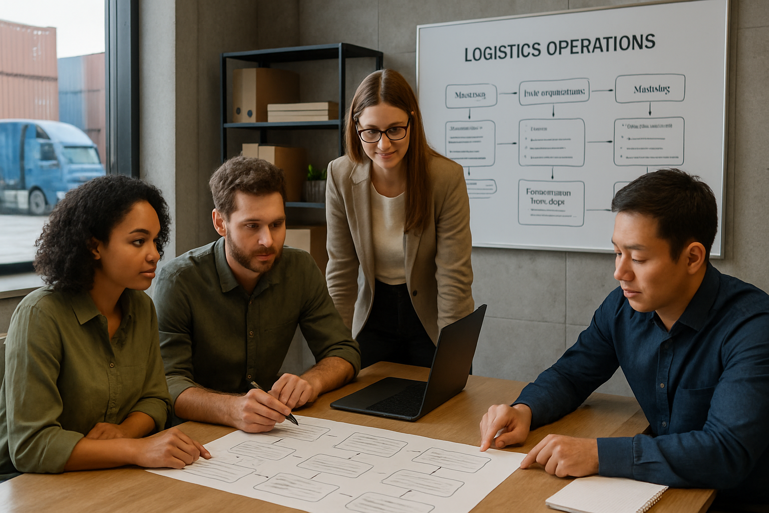 operations team collaborating on a workflow chart showing booking to delivery control in logistics office