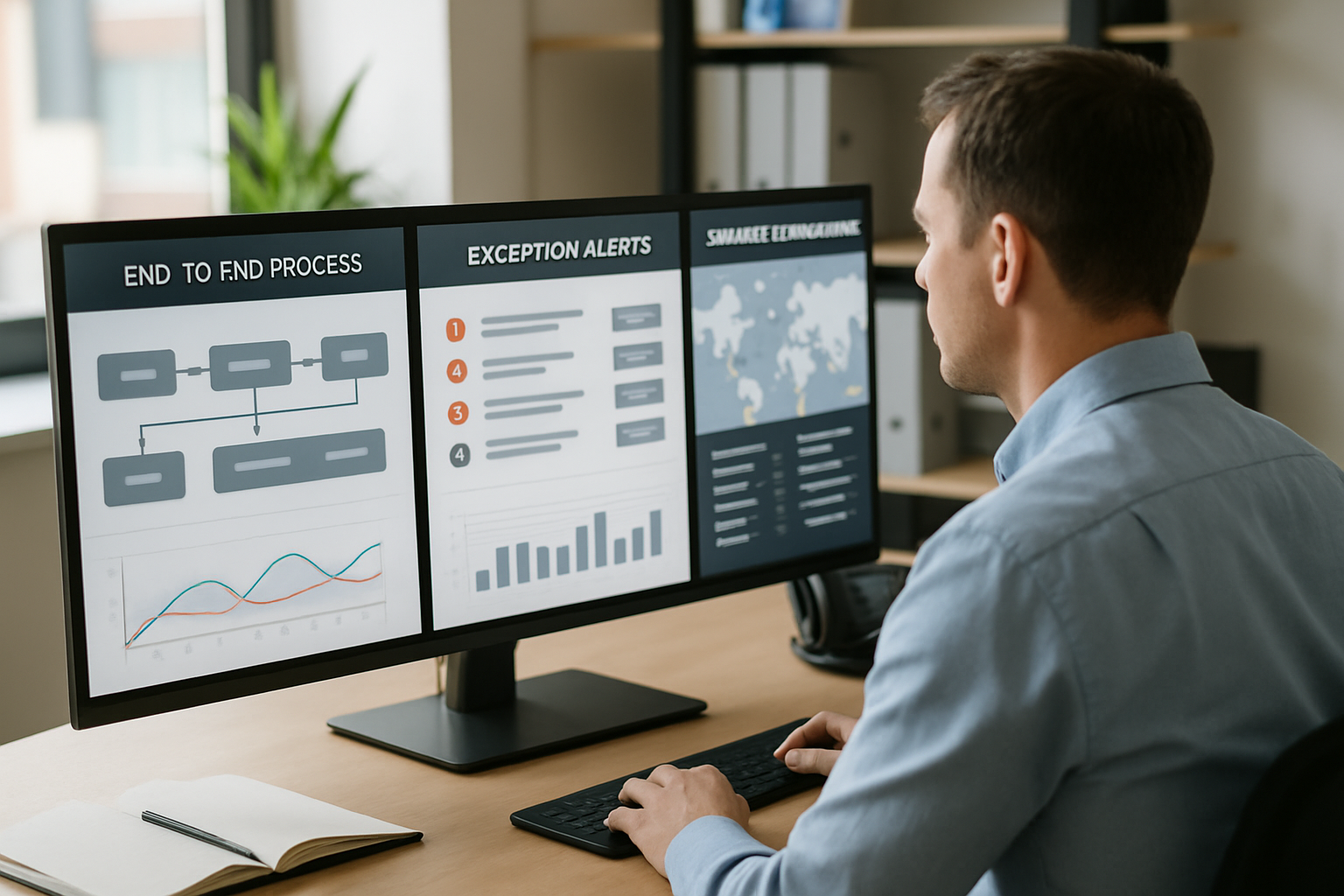 operations manager using software for end-to-end logistics process monitoring
