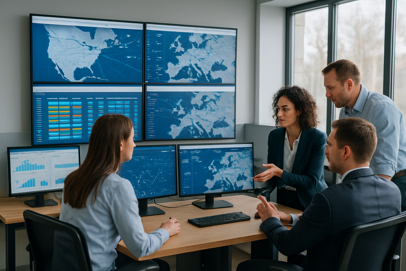 logistics team monitoring shipment visibility in operations control room