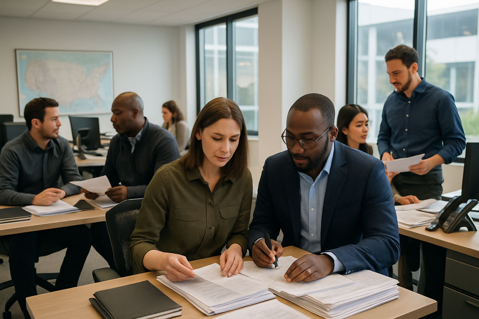logistics operations team coordinating shipment documentation with multiple stakeholders in a modern office