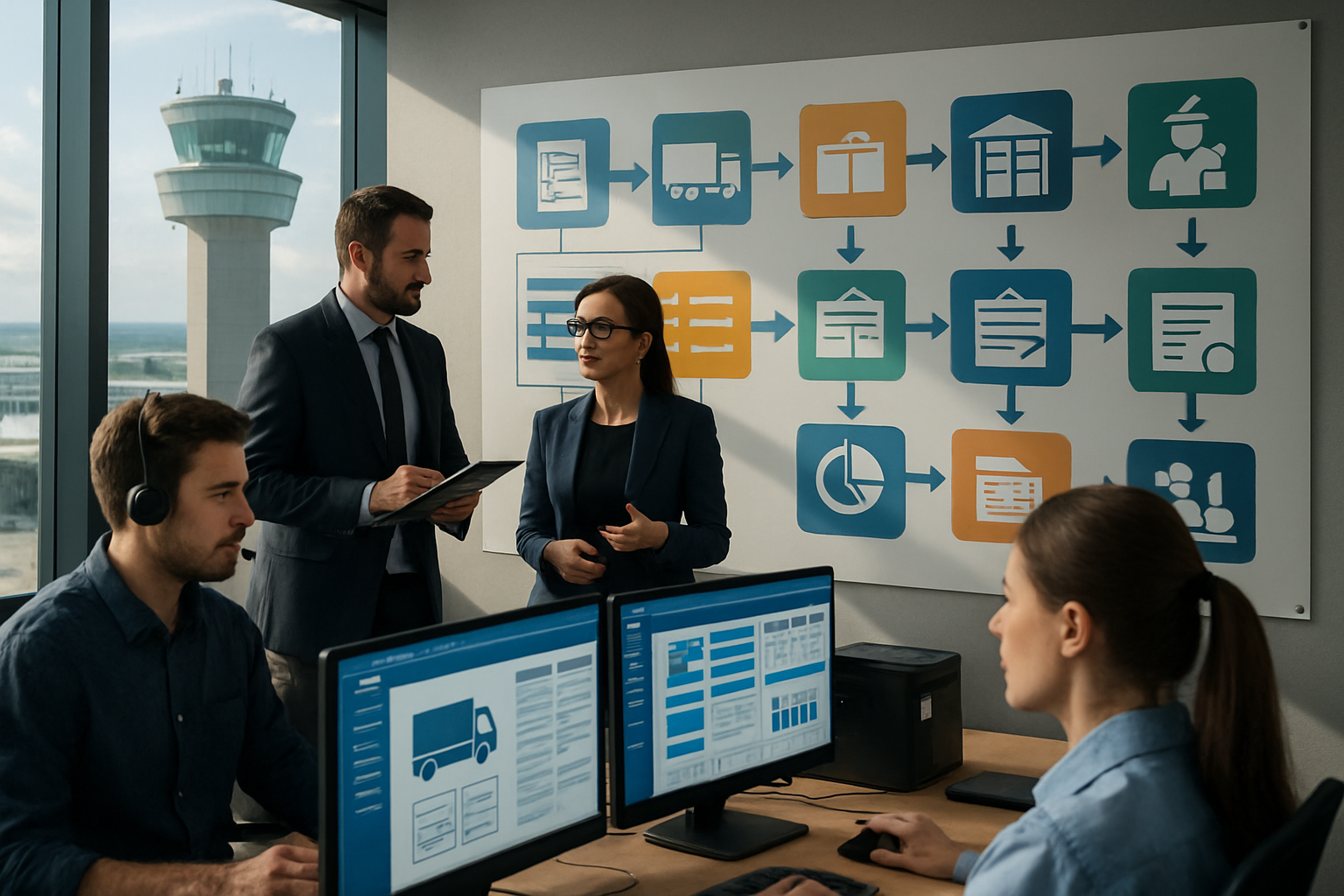 workflow visualization of a shipment documentation process from booking to delivery in a logistics control environment