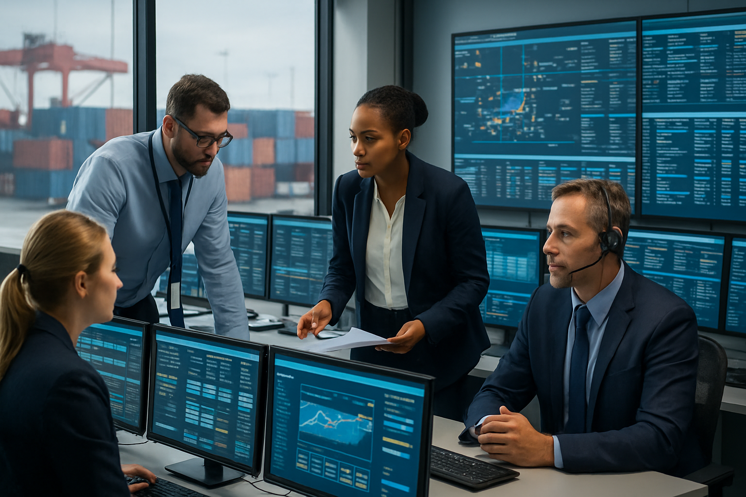 logistics team monitoring shipment updates in a modern control room