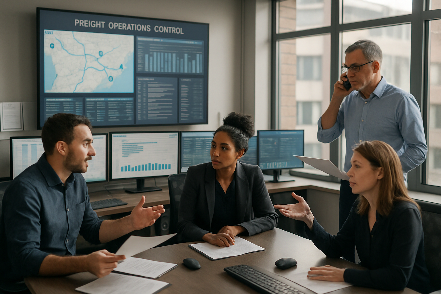 logistics team coordinating shipments in a freight operations control room