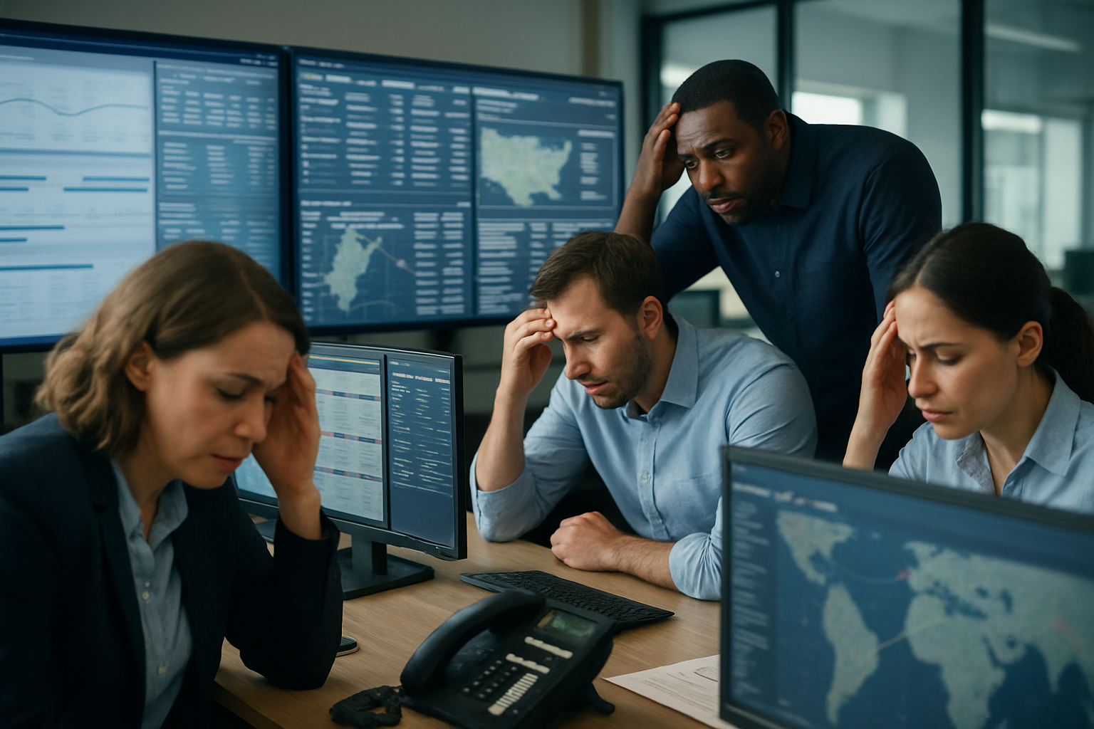 logistics team overwhelmed by excessive data streams in a modern operations center